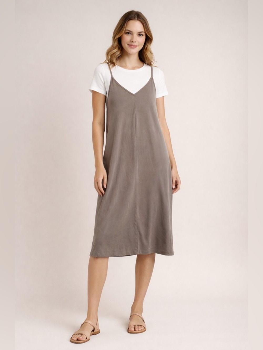 a new day Taupe Gray V‑Neck Slip Dress Casual Soft Summer